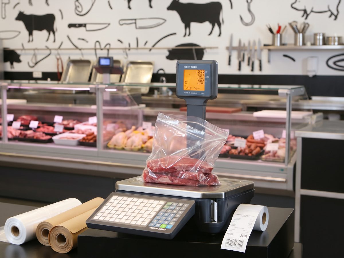 Báscula etiquetadora Mettler Toledo BPLUS pesando carne en el mostrador