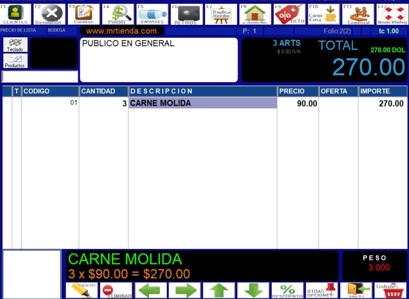 Pantalla del software de punto de venta Mr. Tienda en operación