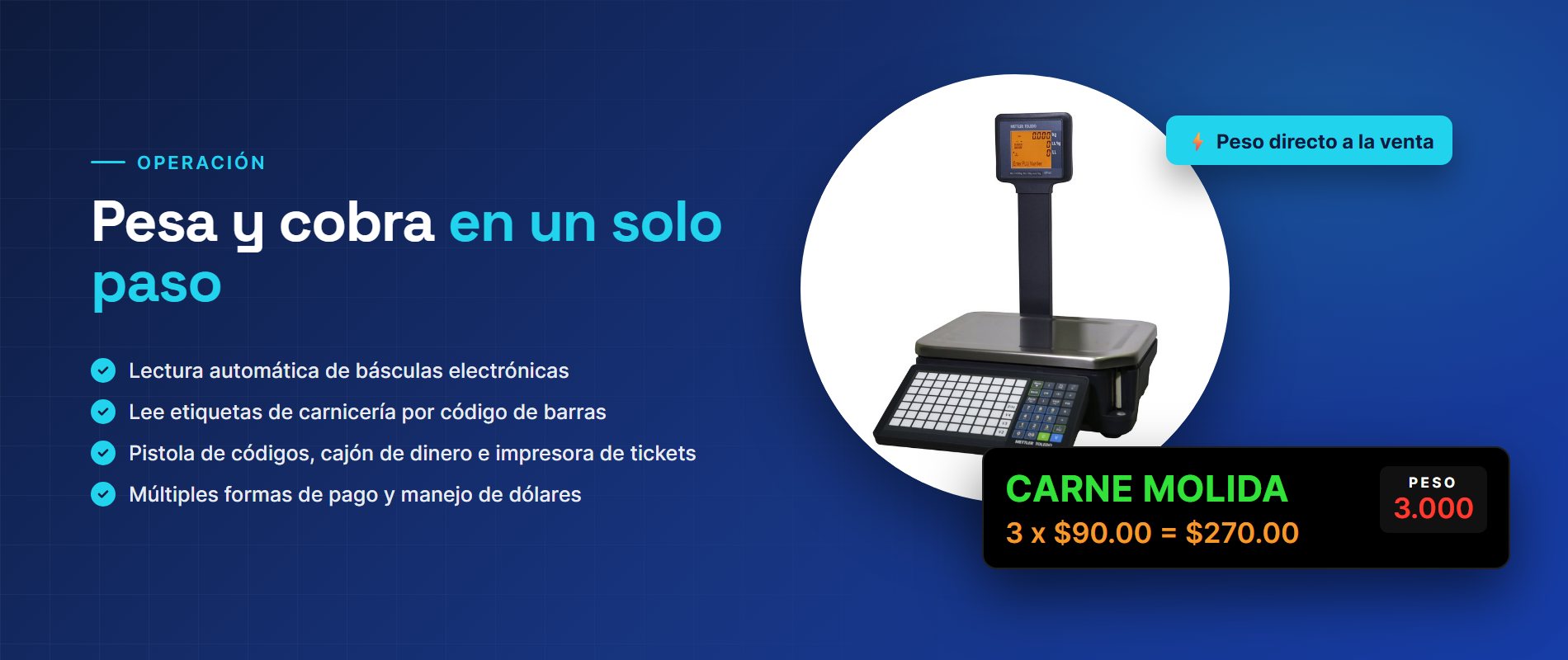 Pesa y cobra en un solo paso: lectura automática de básculas, etiquetas de carnicería por código de barras, cajón e impresora
