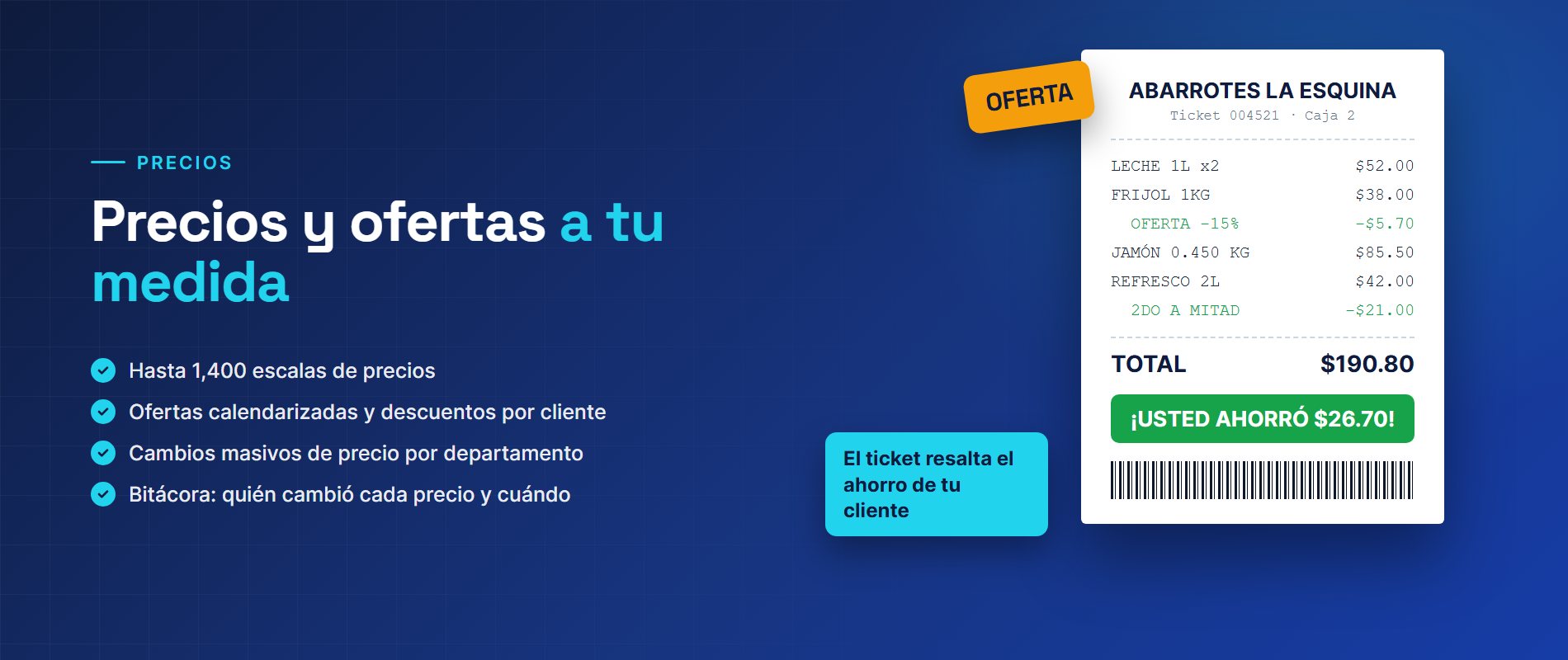 Precios y ofertas a tu medida: hasta 1,400 escalas de precios, ofertas calendarizadas y ticket que resalta el ahorro del cliente