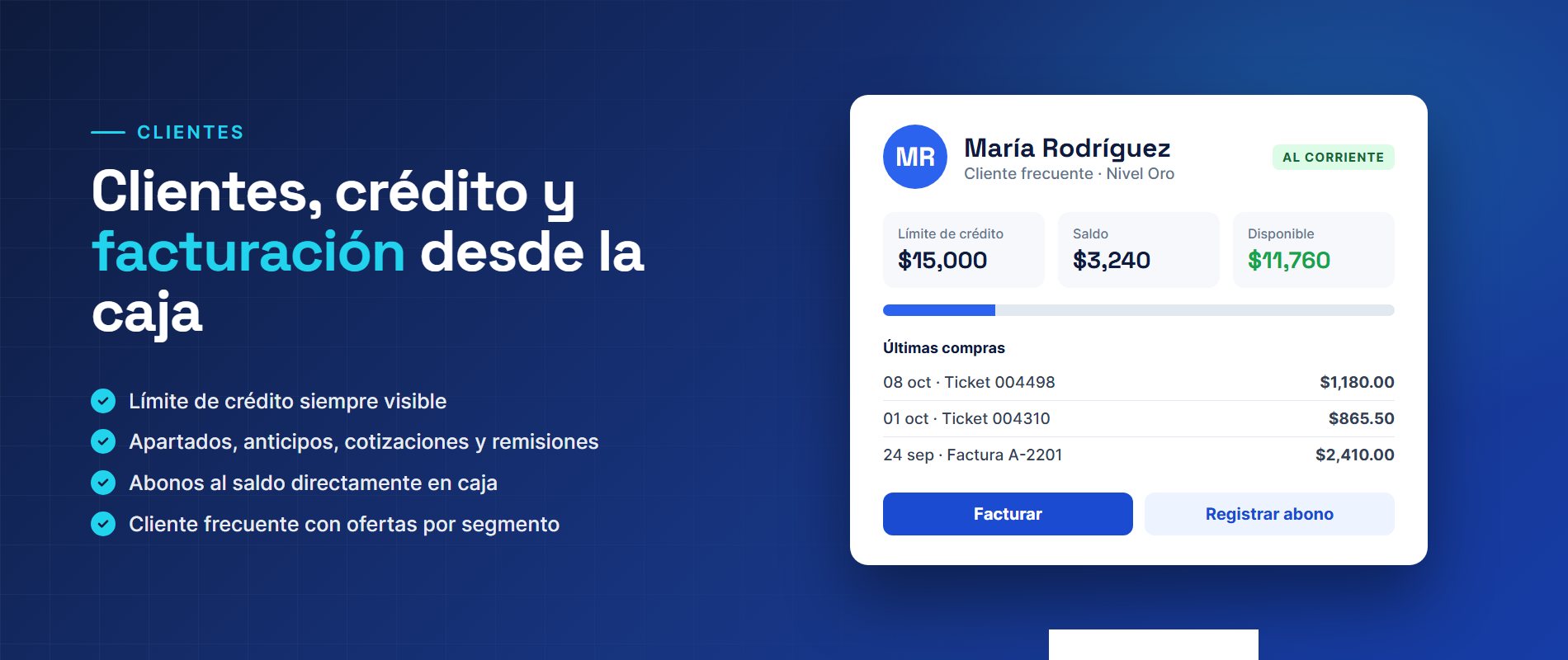Clientes, crédito y facturación desde la caja: límite de crédito visible, apartados, cotizaciones y abonos